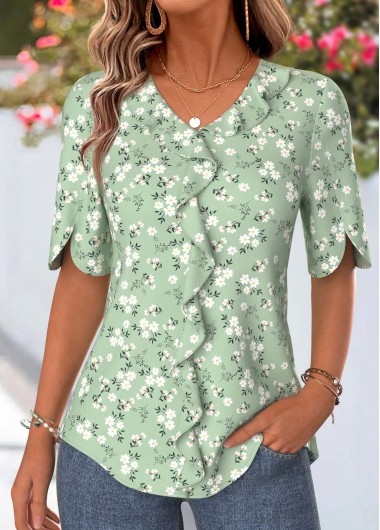 Ditsy Floral Print Curved Hem Sage Green Blouse