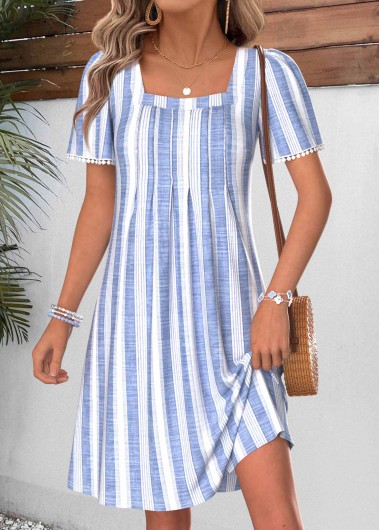 Striped Tummy Coverage Light Blue Short Square Neck Dress