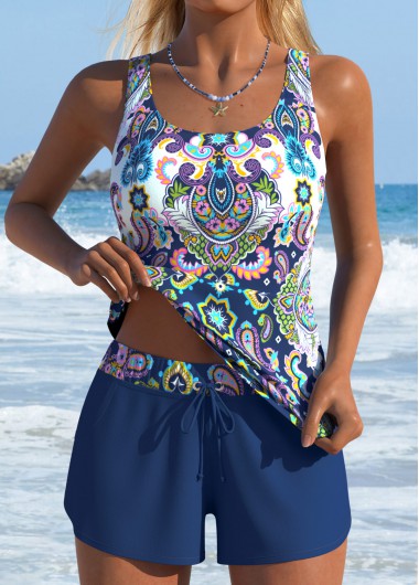 Mid Waisted Tribal Print Two-piece Black Tankini Set