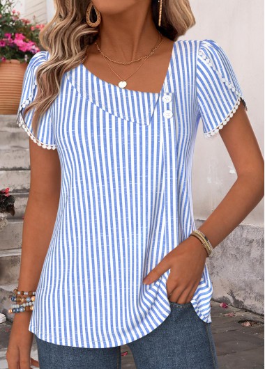 Striped Shirred Blue Short Sleeve Blouse Striped Shirred Blue Short Sleeve Blouse