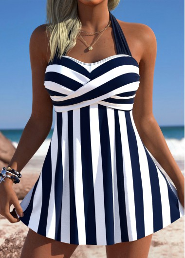Mid Waisted Striped Navy Tankini Set Mid Waisted Striped Navy Tankini Set