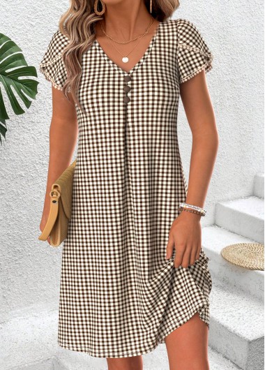 Plaid Tummy Coverage Light Coffee Short V Neck Dress