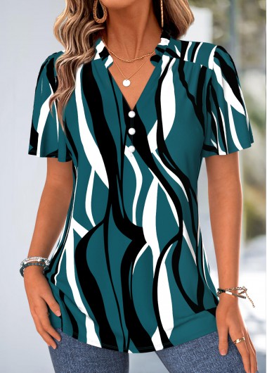 Geometric Print Frill Blackish Green Short Sleeve Blouse
