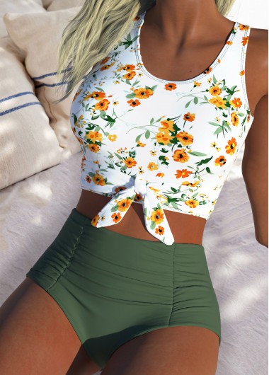 High Waisted Ditsy Floral Print Sage Green Bikini Set