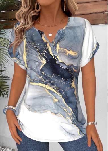 Ombre Curved Hem Blue Short Sleeve T Shirt