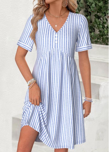 Striped Shirred Light Blue Short V Neck Dress