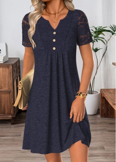 Patchwork Navy Short Split Neck Dress