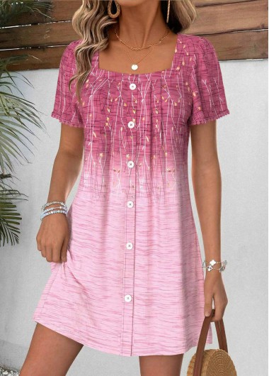 Floral Print Tummy Coverage Pink Short Square Neck Dress