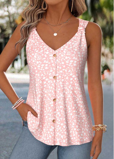 Ditsy Floral Print Curved Hem Light Pink Tank Top
