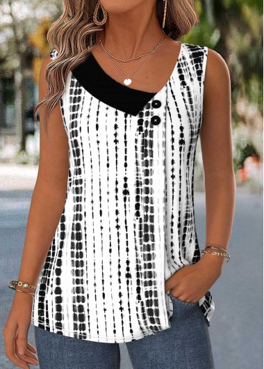 Geometric Print Patchwork Raw White Sleeveless Tank Top