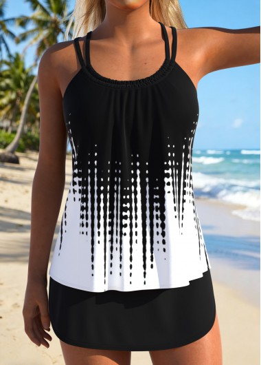 Mid Waisted Lace Up Black Tankini Set