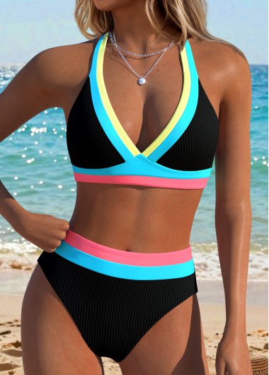 Mid Waisted Patchwork Black Bikini Set