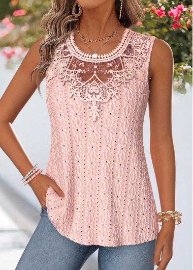 Patchwork Pink Sleeveless Round Neck Tank Top Patchwork Pink Sleeveless Round Neck Tank Top