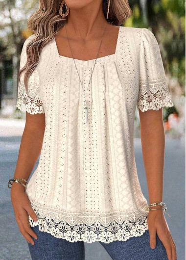 Patchwork Beige Short Sleeve Square Neck T Shirt
