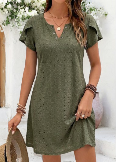 Tummy Coverage Sage Green Short Split Neck Dress