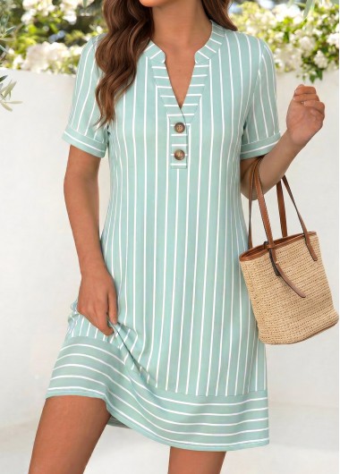 Striped Light Green Short Split Neck Dress Striped Light Green Short Split Neck Dress