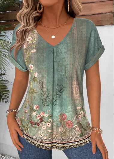 Tribal Print Curved Hem Sage Green T Shirt Tribal Print Curved Hem Sage Green T Shirt