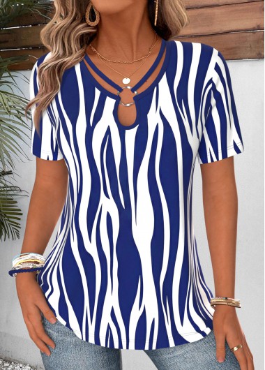 Striped Curved Hem Navy Short Sleeve T Shirt