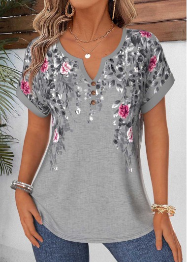 Floral Print Tummy Coverage Grey Short Sleeve Blouse