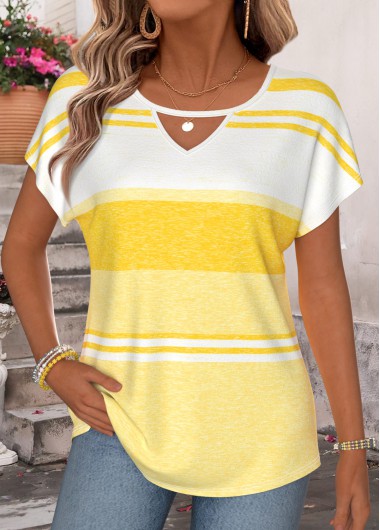 Striped Yellow Short Sleeve Round Neck T Shirt
