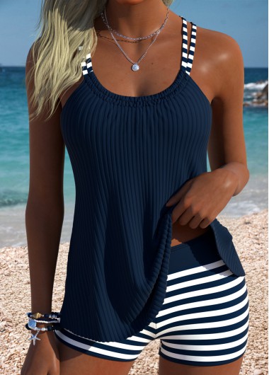 Mid Waisted Striped Tummy Coverage Navy Tankini Set