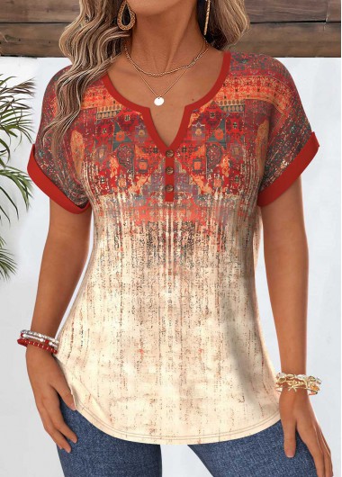 Tribal Print Tummy Coverage Red Short Sleeve Blouse