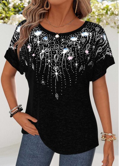 Geometric Print Curved Hem Black Short Sleeve T Shirt