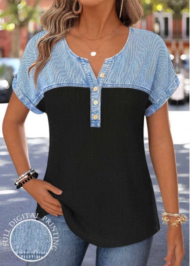 Patchwork Black Short Sleeve Split Neck Blouse