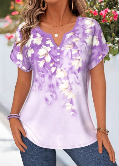 Floral Print Tummy Coverage Light Purple Short Sleeve Blouse