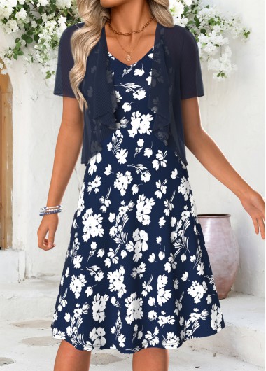 Floral Print Tummy Coverage Navy Short Sleeve Dress