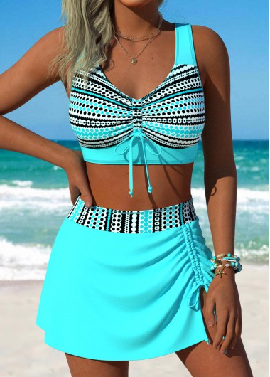 Mid Waisted Geometric Print Front Slit Hem Bikini Set