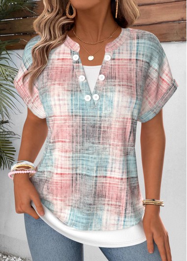 Plaid Fake 2in1 Light Pink Short Sleeve T Shirt