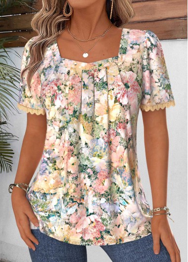 Floral Print Tummy Coverage Multi Color T Shirt