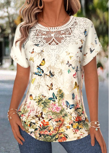 Floral Print Lace Trim Light Yellow Short Sleeve Blouse