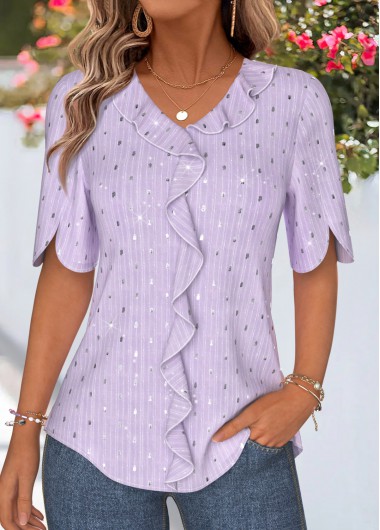 Ruffle Light Purple Half Sleeve V Neck Blouse Ruffle Light Purple Half Sleeve V Neck Blouse