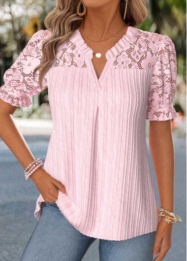 Patchwork Pink Short Sleeve Split Neck Blouse