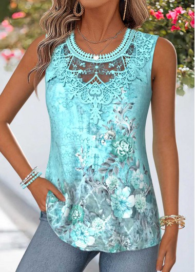 Random Floral Print Patchwork Mint Green Sleeveless Tank Top