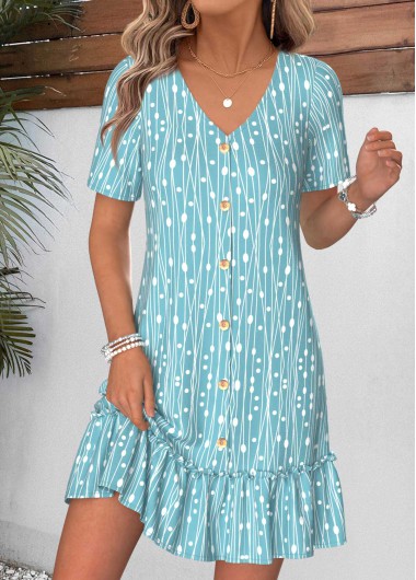 Geometric Print Shirred Cyan Short V Neck Dress