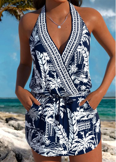 Mid Waisted Tropical Plants Print Three-piece Navy Tankini Set