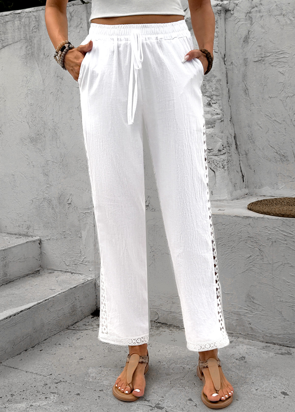 White Elastic Waist High Waisted Pants
