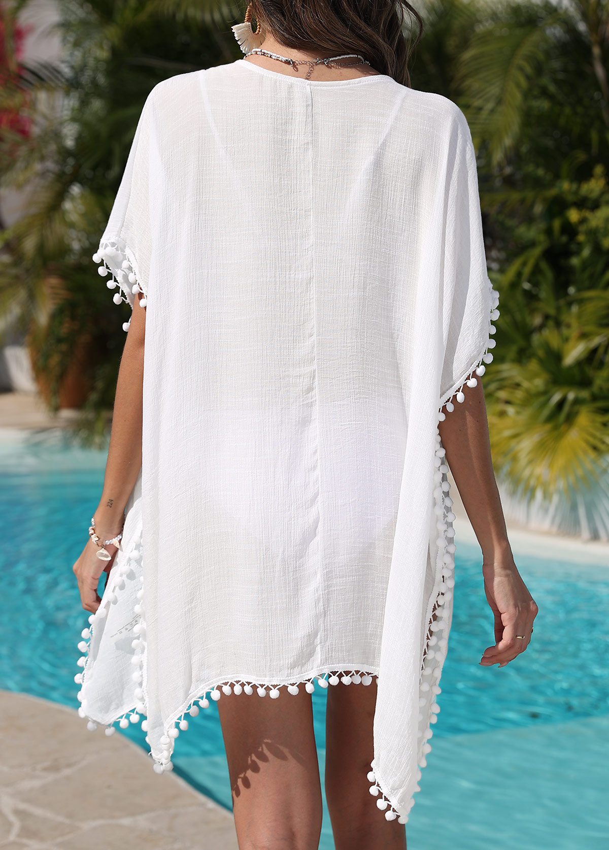 Handkerchief Hem White V Neck Cover Up