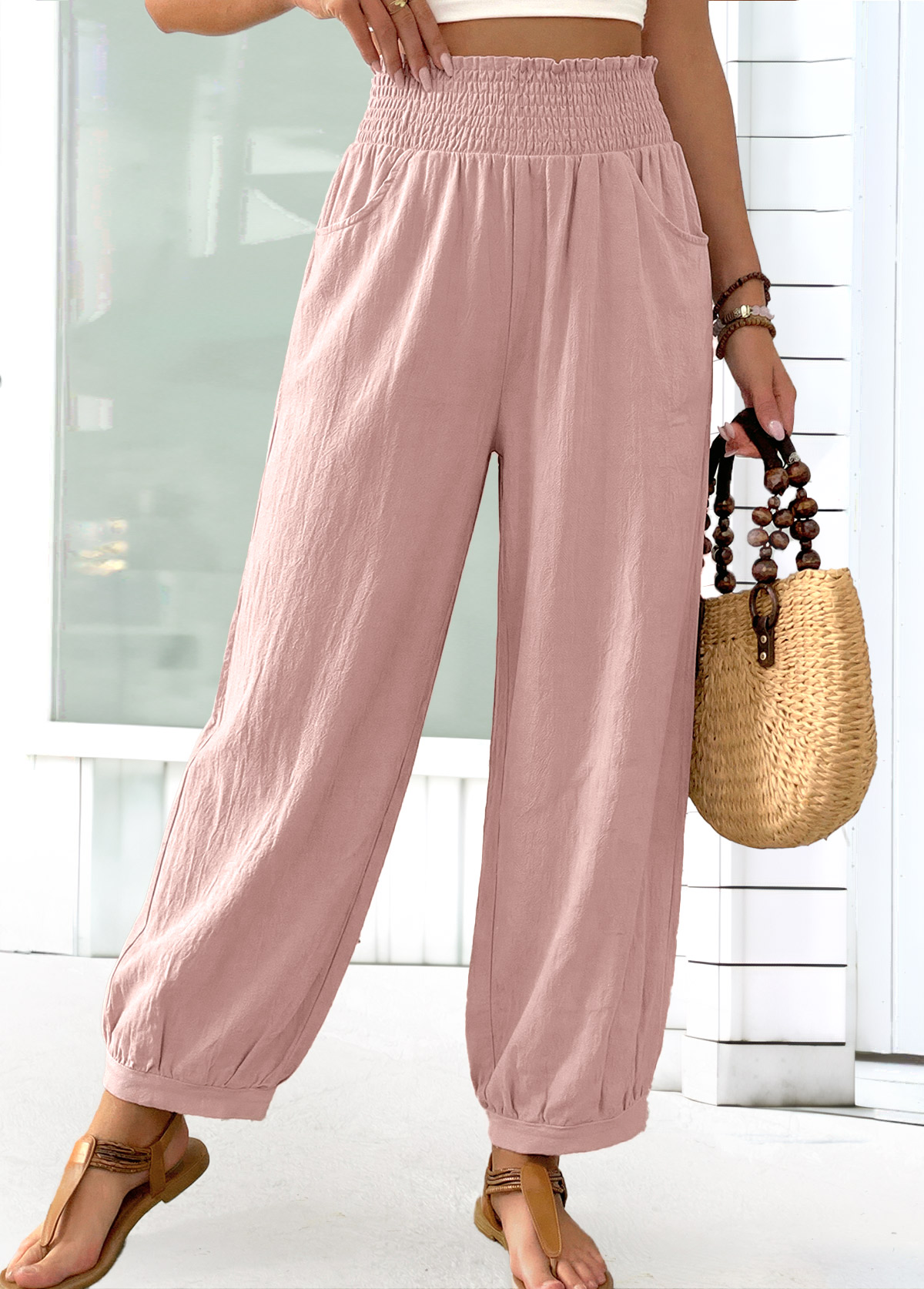 Pink Jogger Elastic Waist High Waisted Pants