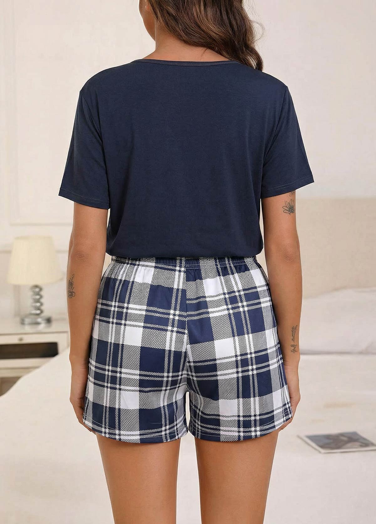 Plaid Navy V Neck Lounge Top and Shorts