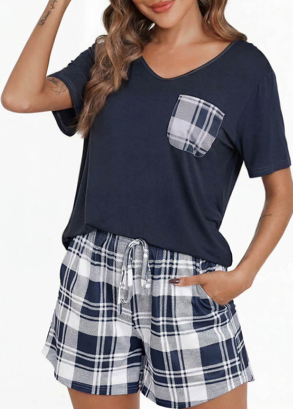 Plaid Navy V Neck Lounge Top and Shorts