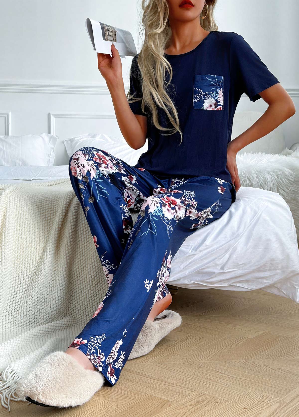 Floral Print Navy Round Neck Lounge Top and Pants