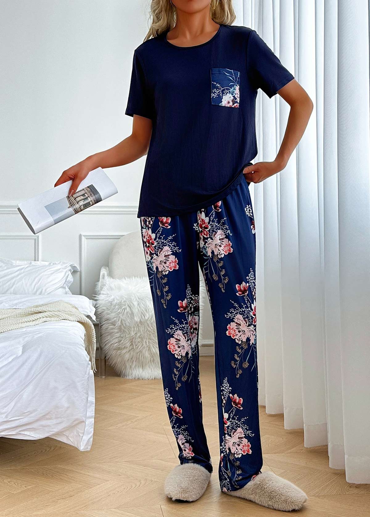 Floral Print Navy Round Neck Lounge Top and Pants