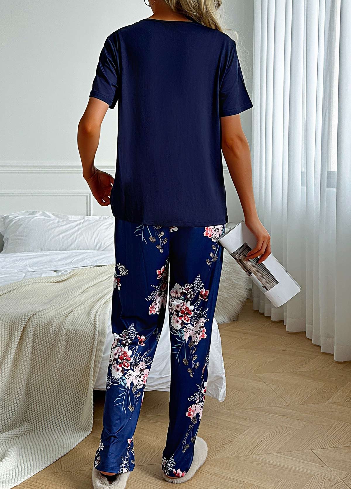 Floral Print Navy Round Neck Lounge Top and Pants