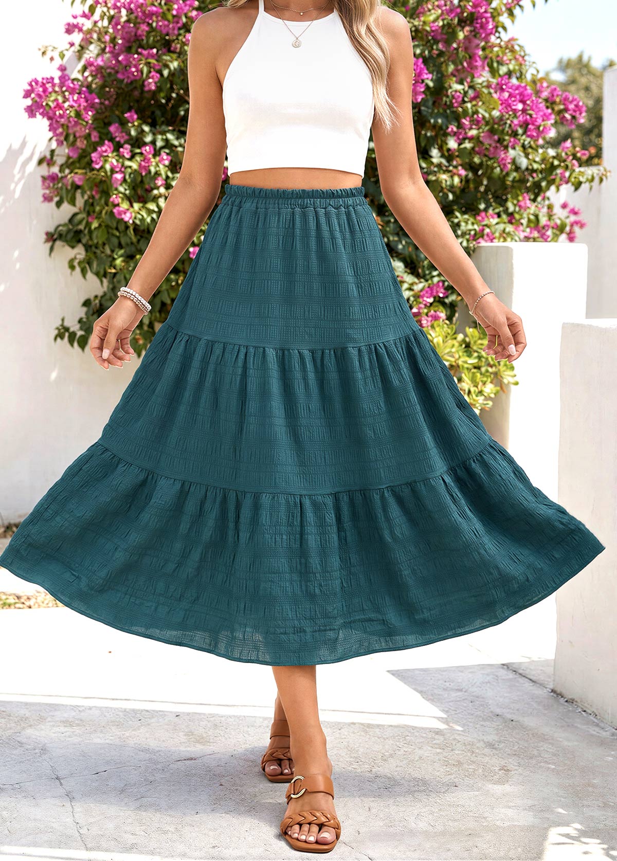 Blackish Green A Line Elastic Waist Skirt