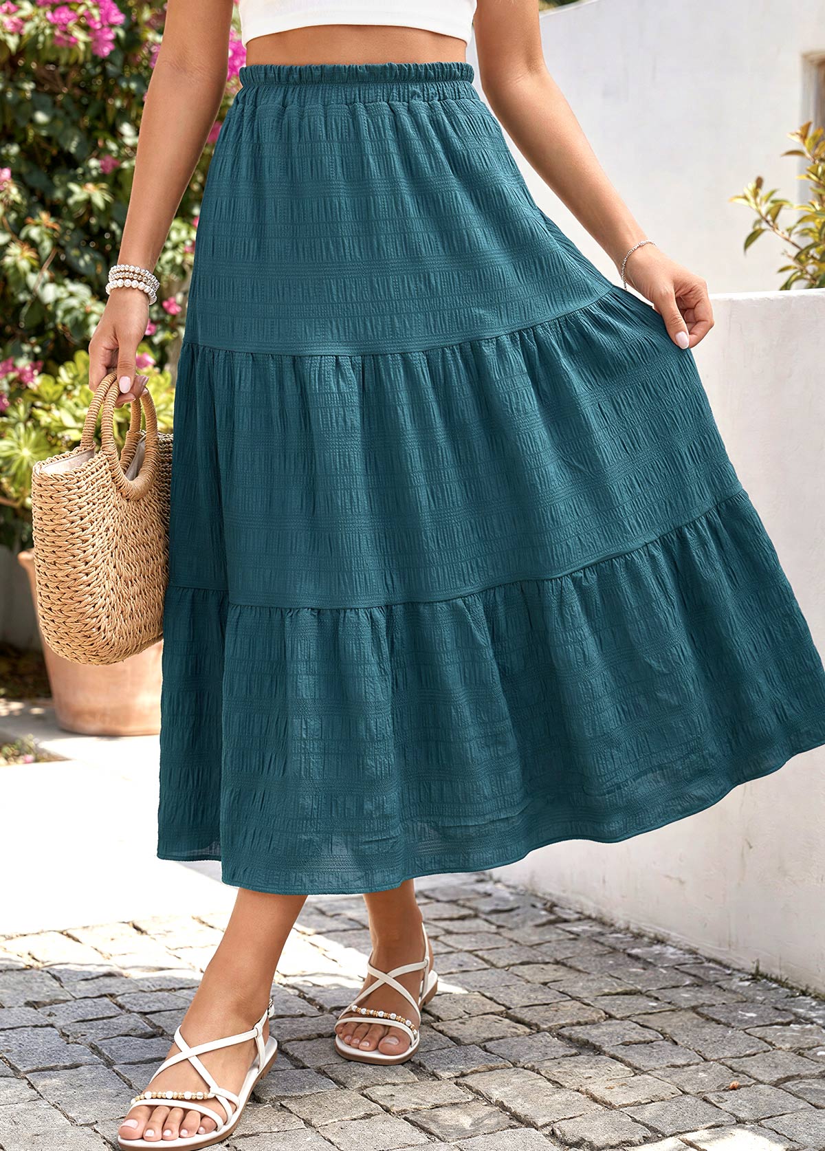 Blackish Green A Line Elastic Waist Skirt