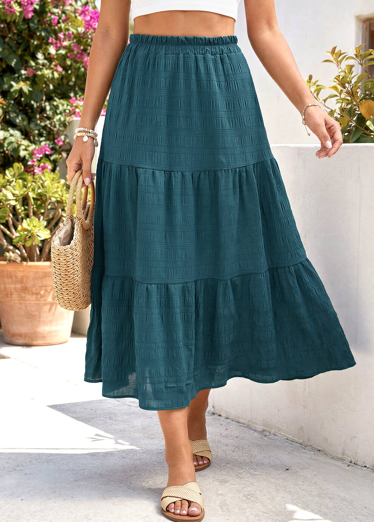 Blackish Green A Line Elastic Waist Skirt